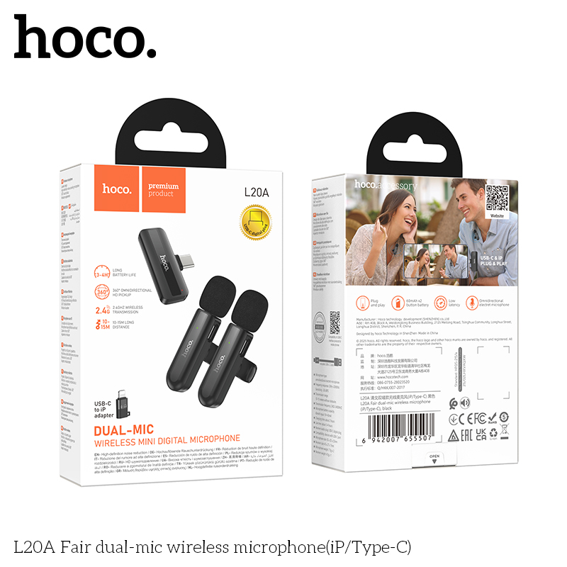 Bộ 2 micro thu âm HOCO L20A micro 2in1 vừa Type C vừa Iphone dùng livestream siêu tiện lợi