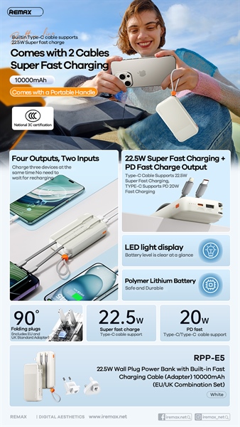 Pin sạc nhanh 22.5w REMAX RPP-E5 10.000mAh dự phòng chính hãng kèm cáp liền pin, ghim sạc ổ điện [BH 1 năm]