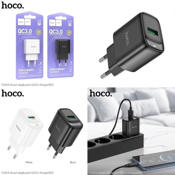 Cóc sạc nhanh 18w Hoco C140A (EU) 1 cổng usb sạc nhanh QC3.0 chân tròn chính hãng [BH: 1 NĂM]