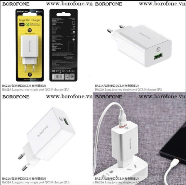 Cóc sạc nhanh QC3.0 BOROFONE BA21A cóc 1 cổng USB chính hãng [BH 1 năm]