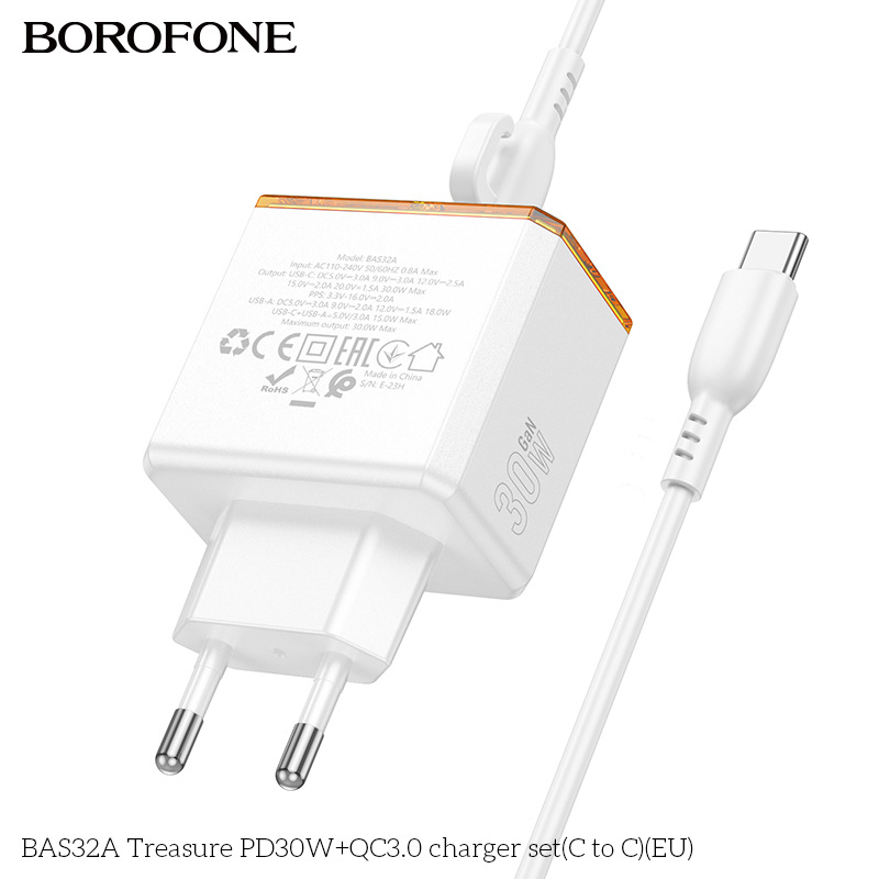 Bộ sạc nhanh 30w BOROFONE BAS32A (c-c) cóc 2 cổng (1 cổng usb vs 1 cổng typec) kèm cáp 2 đầu Type C ra Type C cáp có móc siêu tiện lợi [Bh 1 Năm]