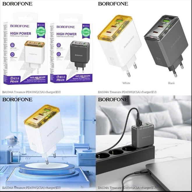 Cóc sạc nhanh 65w BOROFONE BAS34A cóc 3 cổng (1U 2C) siêu tiện lợi