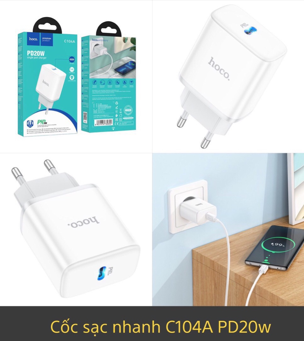 Cóc sạc nhanh 20w Hoco C104A 1 cổng type c cho iPhone 11 12 13 Pro Max chính hãng [BH 1 năm]