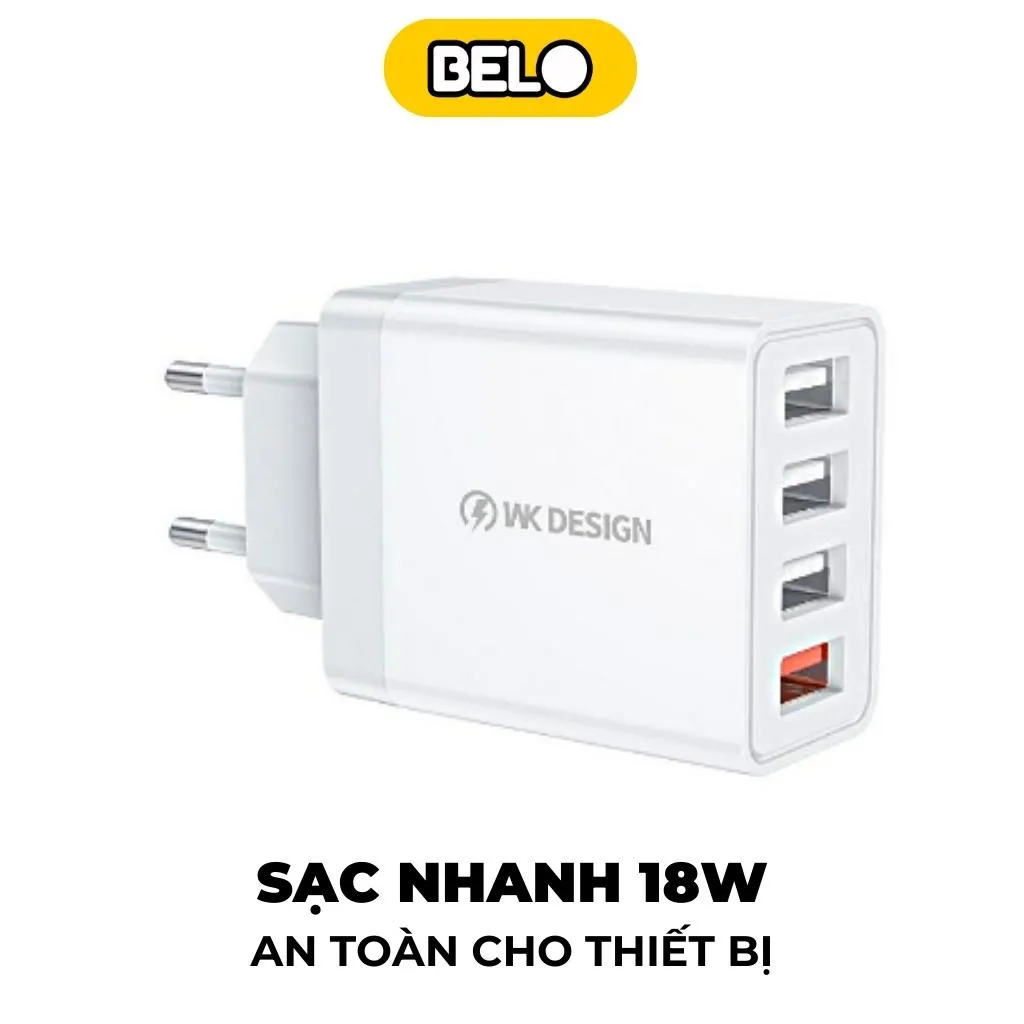 Cóc sạc nhanh 18W WKDESIGN 4 cổng USB chân dẹp chính hãng [BH: 3 tháng]