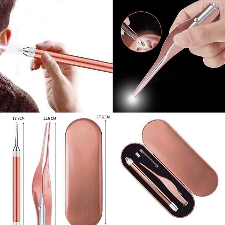 Bộ Dụng Cụ Soi, Gắp, Lấy Ráy Tai Hộp Hồng Cao Cấp Có Đèn Pin [BH: NONE]