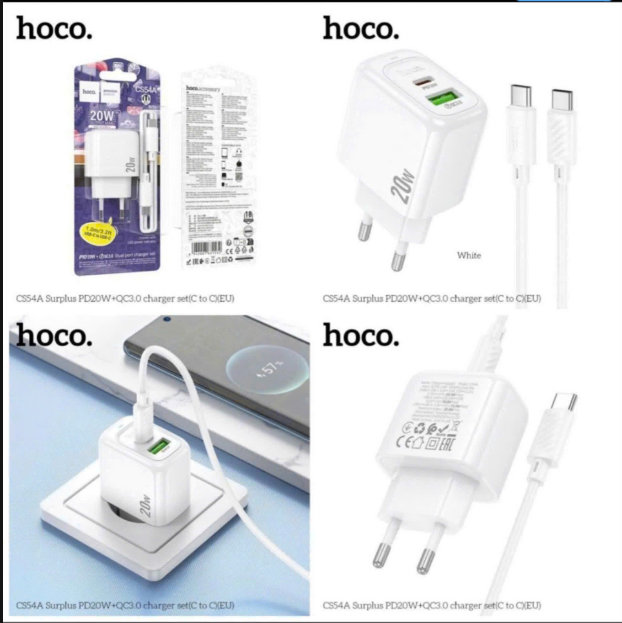 Bộ sạc nhanh 20w HOCO CS54A (C-C) cóc 2 cổng 1 cổng sạc Type C 1 cổng sạc USB kèm cáp 2 đầu Type C siêu tiện lợi
