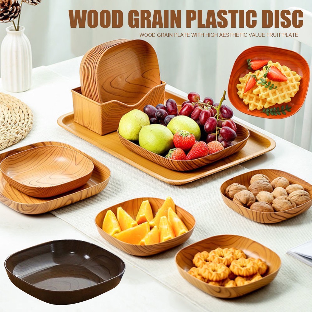 Set 8 đĩa nhựa vân gỗ đựng thực phẩm, trái cây, decor siêu xinh [BH: None]