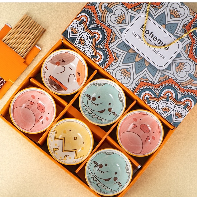 Set bộ 6 chén bát sứ cho bé hình động vật kèm đũa dễ thương [BH: NONE]