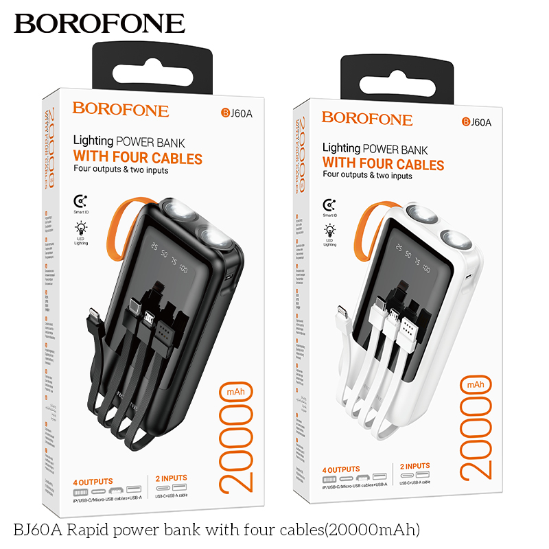 Pin sạc dự phòng Borofone BJ60A 20.000mAh kèm 4 dây sạc liền pin kiêm đèn pin siêu sáng [BH: 1 NĂM]