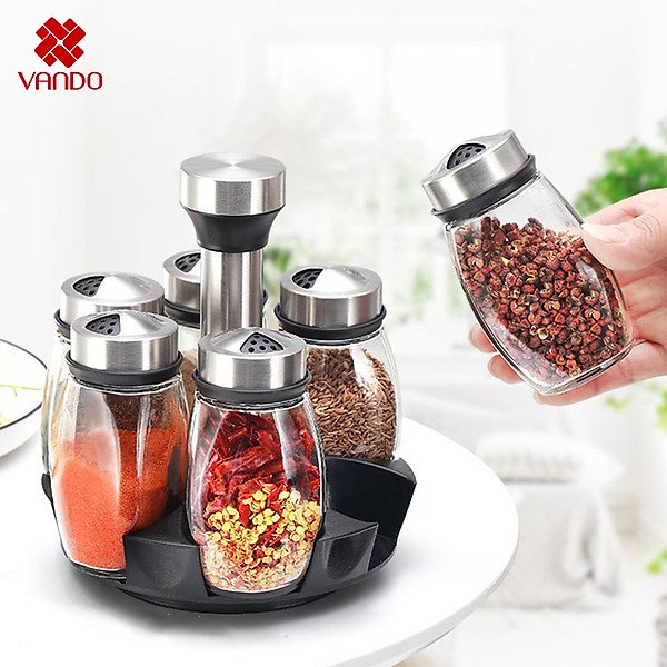 Lọ đựng gia vị bằng thủy tinh ( sec 6 lọ ) xoay 360 độ