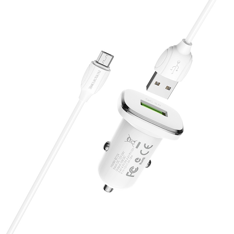 Cóc sạc xe hơi BOROFONE BZ12A (Micro) 1 cổng usb sạc nhanh QC3.0 kèm cáp sạc samsung micro chính hãng [BH 1 năm]
