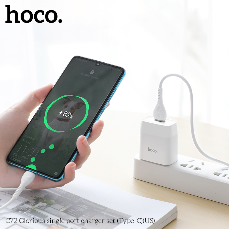 Bộ sạc Hoco C72 chui Type C 2.1A, (A-C) Cáp USB ra Type C, Cóc 1 cổng USB chính hãng [BH 1 năm]