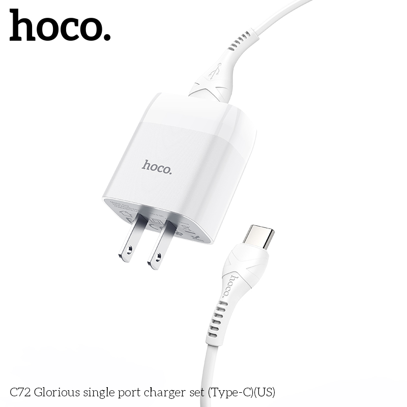 Bộ sạc Hoco C72 chui Type C 2.1A, (A-C) Cáp USB ra Type C, Cóc 1 cổng USB chính hãng [BH 1 năm]