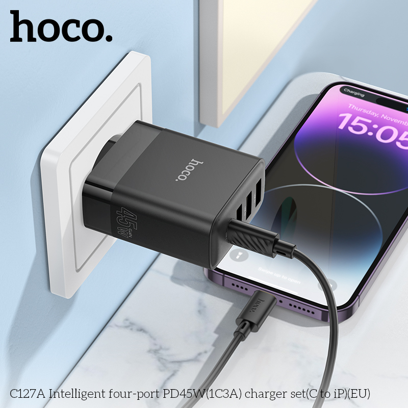 Bộ sạc nhanh 45W HOCO C127A C-L EU 4 cổng ( 1usbC-PD45W+ 3 usbA QC3.0; kèm cáp Type C ra lightning iPhone c-l) chính hãng