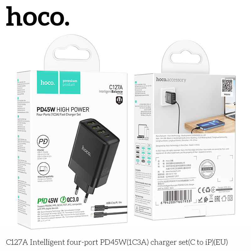 Bộ sạc nhanh 45W HOCO C127A C-L EU 4 cổng ( 1usbC-PD45W+ 3 usbA QC3.0; kèm cáp Type C ra lightning iPhone c-l) chính hãng