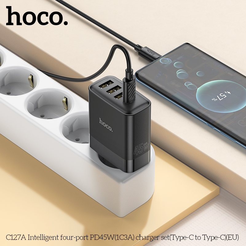 Bộ sạc nhanh 45w 4 cổng Hoco C127A Type C ( 3 cổng Type C 45W+ 1 cổng USB QC3.0, kèm cáp 2 đầu Type c) chính hãng [BH: 1 NĂM]