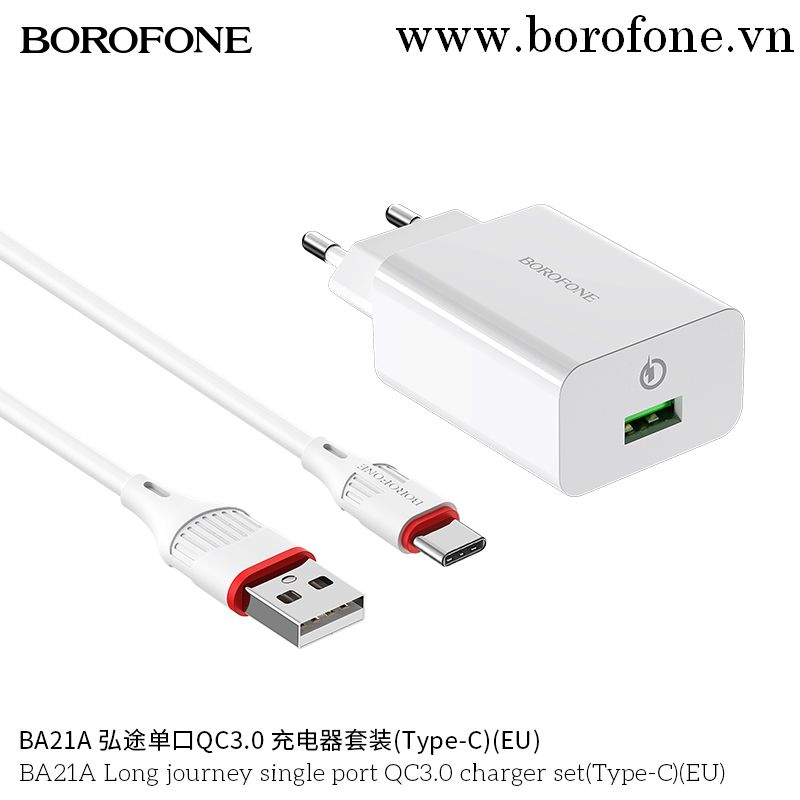 Bộ sạc BOROFONE BA21A (A-C), Cáp USB ra Type C, Cóc 1 cổng USB chính hãng [BH 1 năm]