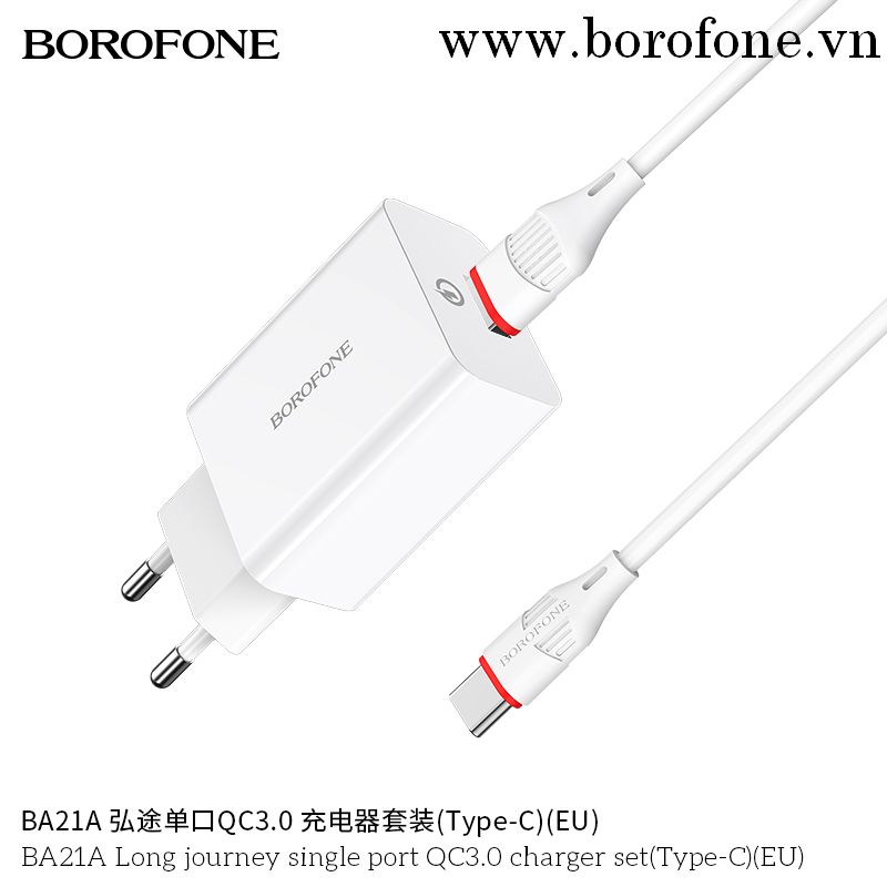Bộ sạc BOROFONE BA21A (A-C), Cáp USB ra Type C, Cóc 1 cổng USB chính hãng [BH 1 năm]