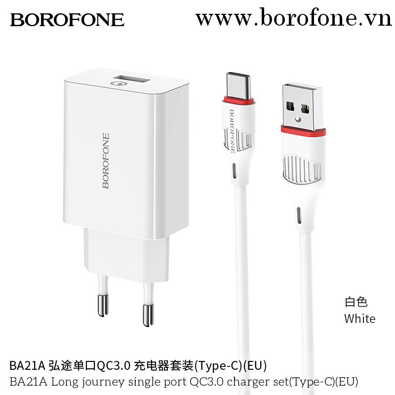 Bộ sạc BOROFONE BA21A (A-C), Cáp USB ra Type C, Cóc 1 cổng USB chính hãng [BH 1 năm]