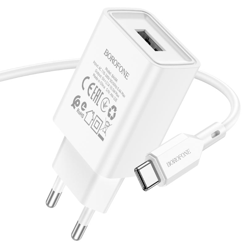 Bộ sạc BOROFONE BA68A 2.1A (A-C), Cáp USB ra Type C, Cóc 1 cổng USB chính hãng [BH 1 năm]