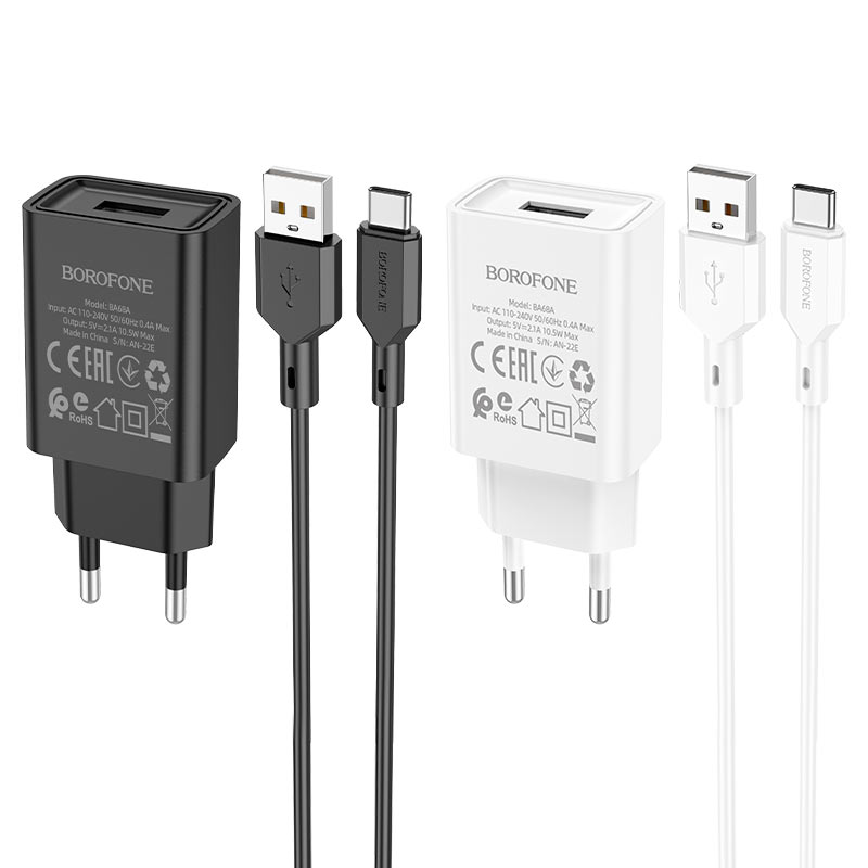 Bộ sạc BOROFONE BA68A 2.1A (A-C), Cáp USB ra Type C, Cóc 1 cổng USB chính hãng [BH 1 năm]