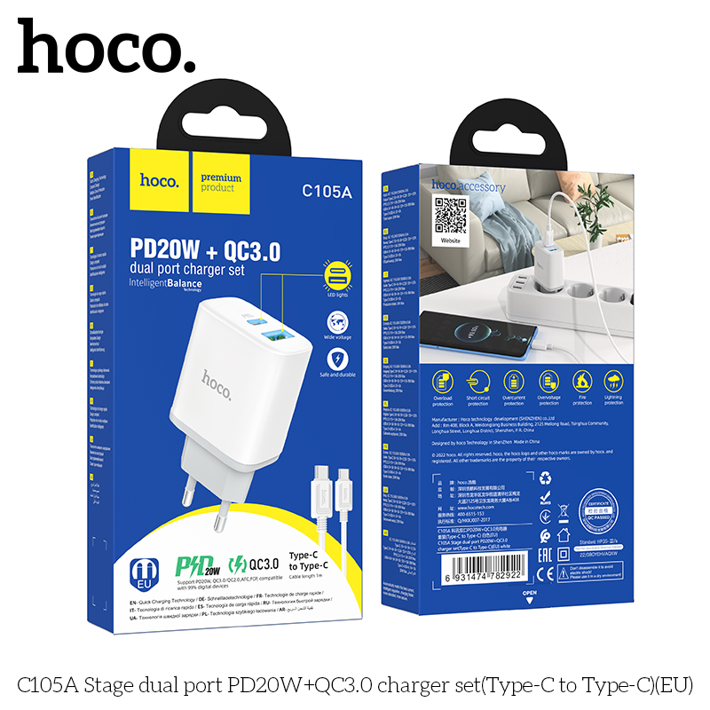 Bộ sạc nhanh 20w Hoco C105A (c-c) (cóc 1 cổng usb QC3.0 vs 1 cổng type-c PD) (cáp 2 đầu type c ra type-c) chính hãng [BH 1 năm] / pktn sale