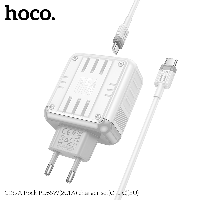 Bộ sạc nhanh 65w HOCO C139A (C-C) Rock (Cóc 2C 1U: 2 cổng type-c PD vs 1 cổng usb QC3.0) (Cáp 2 đầu Type C ra Type-C) chính hãng [BH 1 năm]