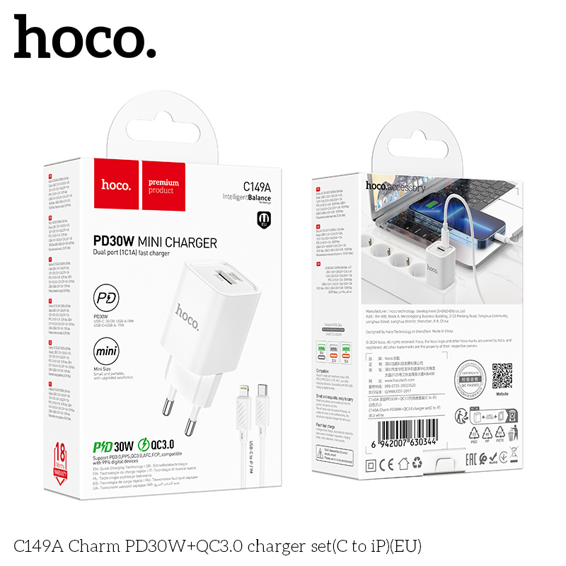 Bộ sạc nhanh 30w HOCO C149A (C-L) EU cóc (1 cổng TypeC, 1 cổng USB) kèm cáp Type C ra Iphone Lightning [BH 1 năm]