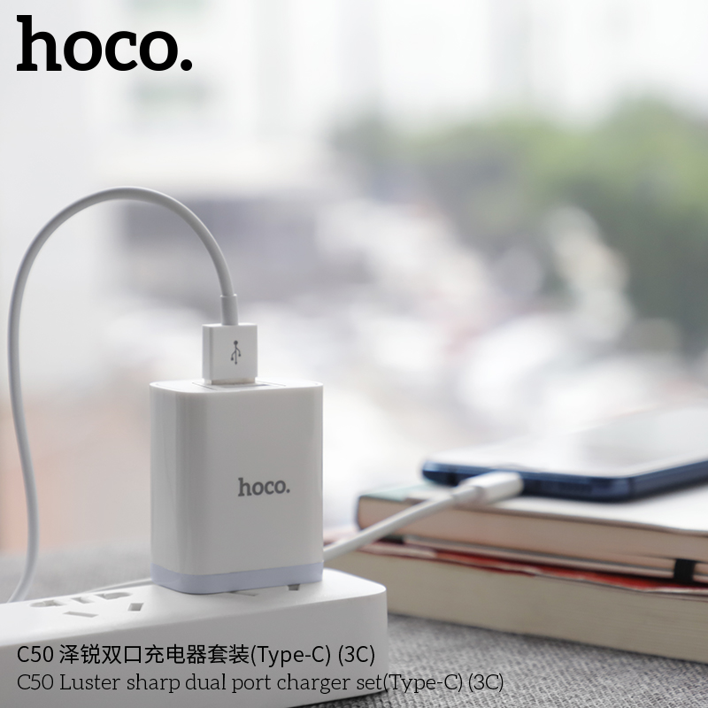 Bộ sạc Hoco C50 Type-C 2.1A, (A-C) Cáp USB ra Type C, Cóc 2 cổng USB chính hãng [BH 1 Năm]