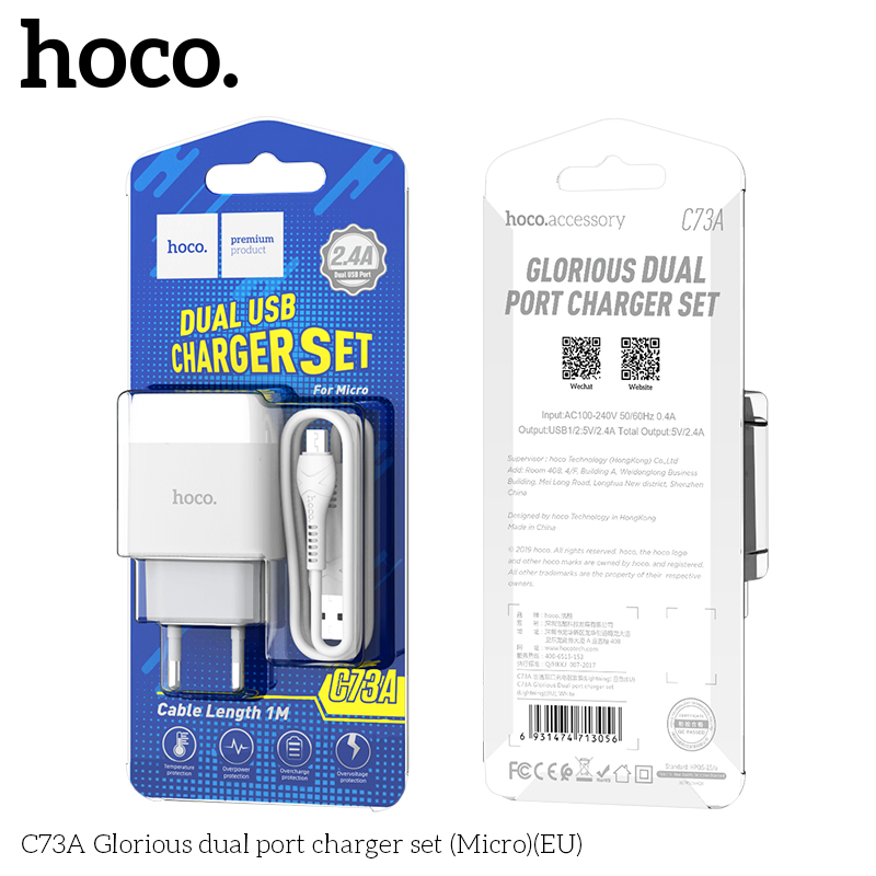 Bộ sạc nhanh micro HOCO C73A 2 cổng usb (cáp usb ra samsung) 2.4A chính hãng [BH 1 năm]