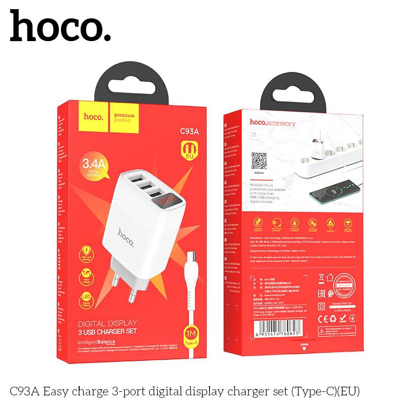 Bộ sạc nhanh 3.4A Hoco C93A Type C 3U (cáp usb ra type-c, cóc 3 cổng usb) có LED báo dòng chính hãng (BH 1 NĂM)