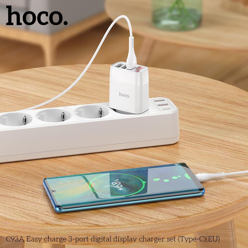 Bộ sạc nhanh 3.4A Hoco C93A Type C 3U (cáp usb ra type-c, cóc 3 cổng usb) có LED báo dòng chính hãng (BH 1 NĂM)