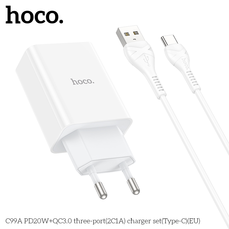Bộ sạc nhanh Hoco C99A chui Type C, (A-C) Cáp USB ra Type C, Cóc sạc 1 cổng USB QC3.0 + 2 cổng Type C PD20W chính hãng [BH 1 năm]