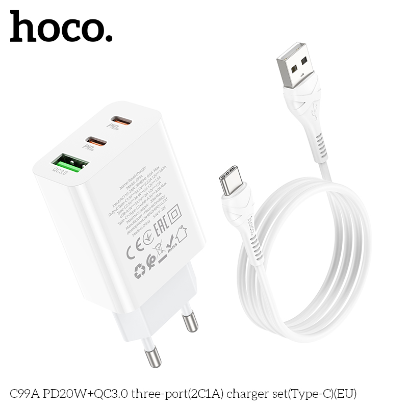 Bộ sạc nhanh Hoco C99A chui Type C, (A-C) Cáp USB ra Type C, Cóc sạc 1 cổng USB QC3.0 + 2 cổng Type C PD20W chính hãng [BH 1 năm]