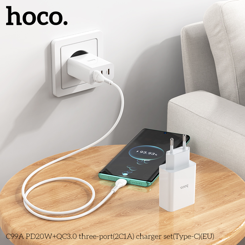 Bộ sạc nhanh Hoco C99A chui Type C, (A-C) Cáp USB ra Type C, Cóc sạc 1 cổng USB QC3.0 + 2 cổng Type C PD20W chính hãng [BH 1 năm]