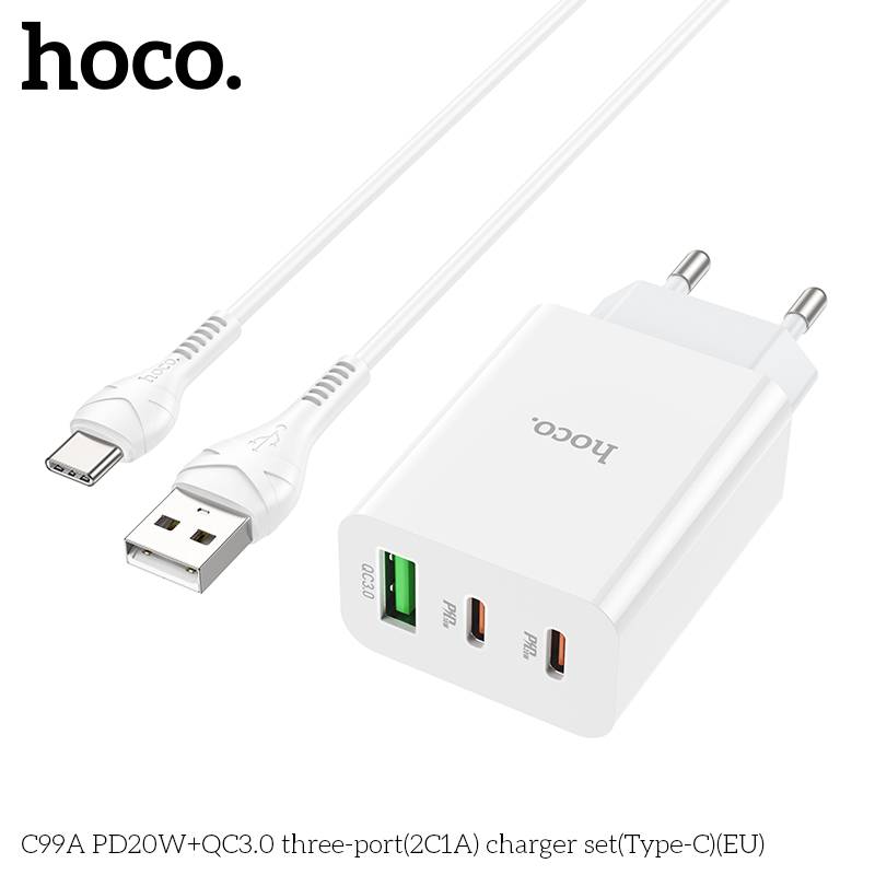 Bộ sạc nhanh Hoco C99A chui Type C, (A-C) Cáp USB ra Type C, Cóc sạc 1 cổng USB QC3.0 + 2 cổng Type C PD20W chính hãng [BH 1 năm]