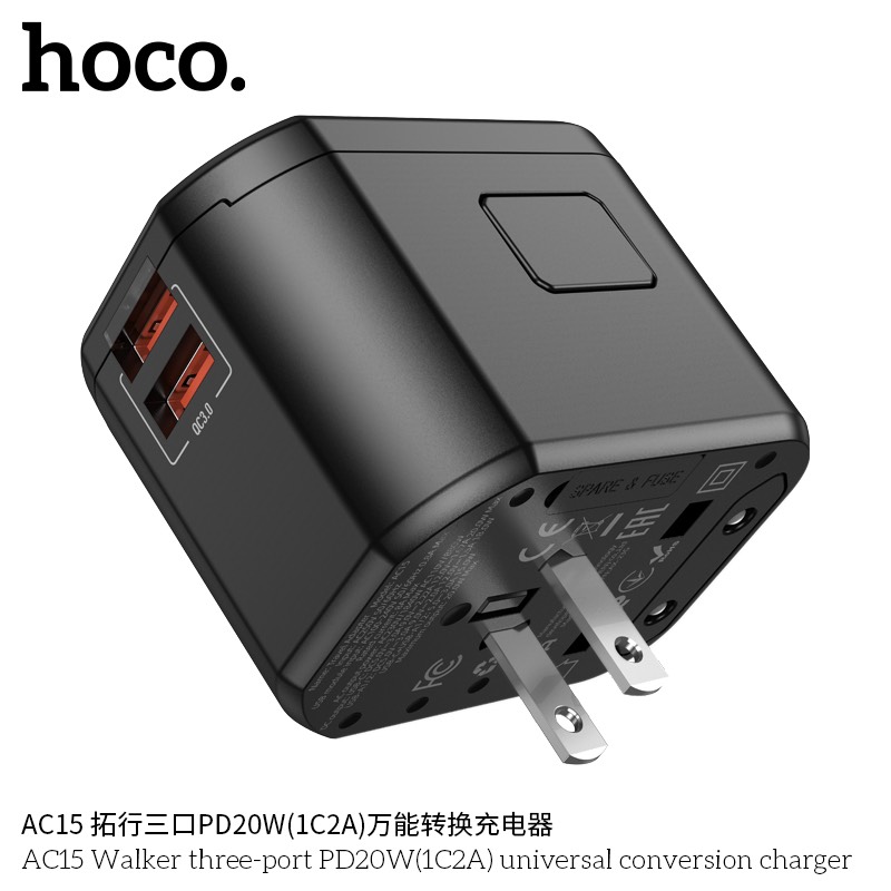 Cóc sạc nhanh 20w, ổ cắm điện du lịch HOCO AC15 Walker (1 cổng type-c, 2 cổng usb) EU / US / UK / AU chính hãng [BH 1 năm]