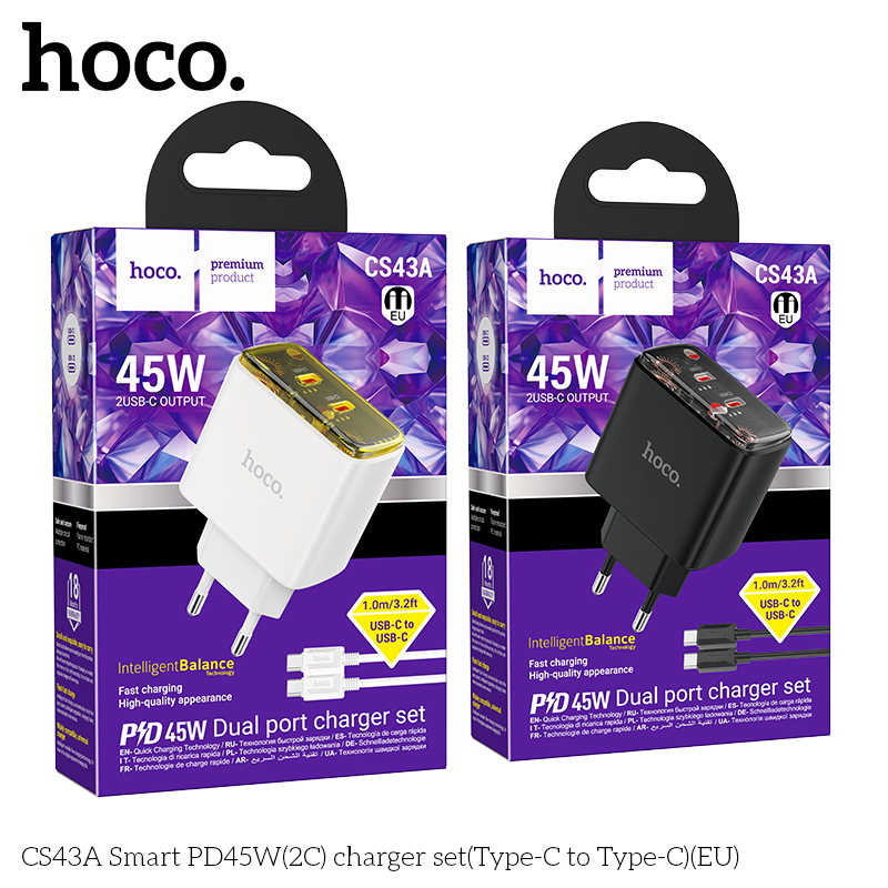 Bộ sạc nhanh 45w Hoco CS43A Type c ra Type C (c-c) (cốc 2 cổng type c+ cáp 2 đầu type c) [BH: 1 năm]