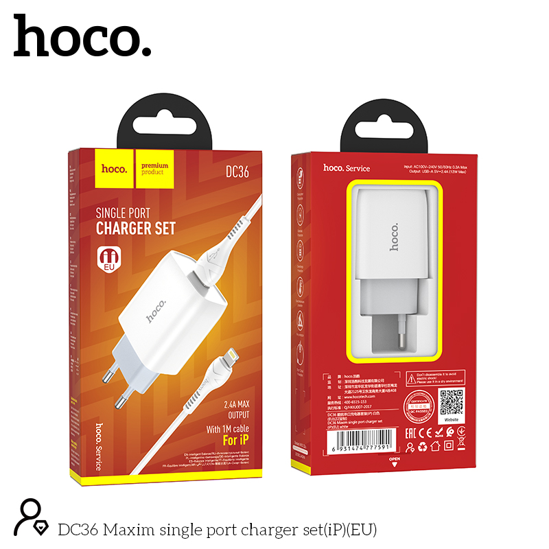 Bộ sạc nhanh 2.4A EU Hoco DC36 iPhone (cóc 1 cổng usb+ cáp 1 cổng usb ra iphone lightning) chính hãng [BH: 1 NĂM]