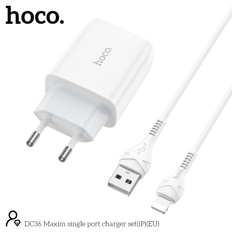 Bộ sạc nhanh 2.4A EU Hoco DC36 iPhone (cóc 1 cổng usb+ cáp 1 cổng usb ra iphone lightning) chính hãng [BH: 1 NĂM]