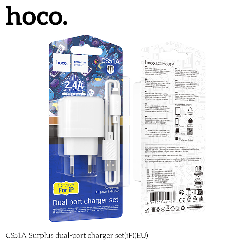 Bộ sạc 2 cổng Hoco CS15A iPhone EU (cóc 2 cổng, cáp usba- lightning; a-l)