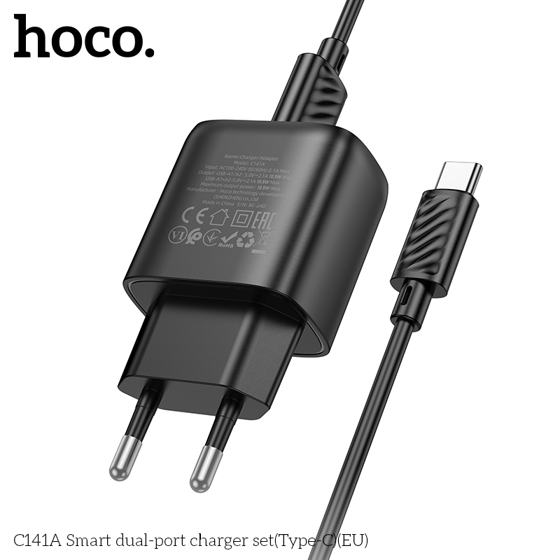 Bộ sạc HOCO C141A (Cóc sạc 2 cổng USB, cáp USB ra Type C) chính hãng [BH: 1 năm]