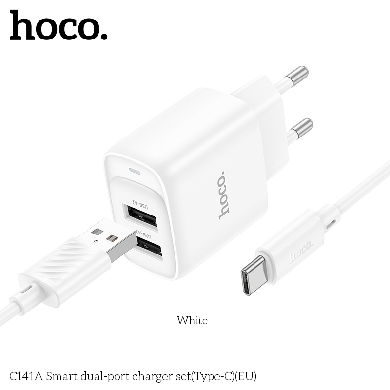 Bộ sạc HOCO C141A (Cóc sạc 2 cổng USB, cáp USB ra Type C) chính hãng [BH: 1 năm]