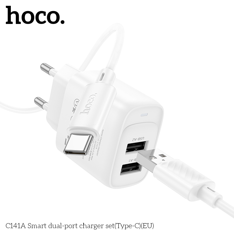 Bộ sạc HOCO C141A (Cóc sạc 2 cổng USB, cáp USB ra Type C) chính hãng [BH: 1 năm]