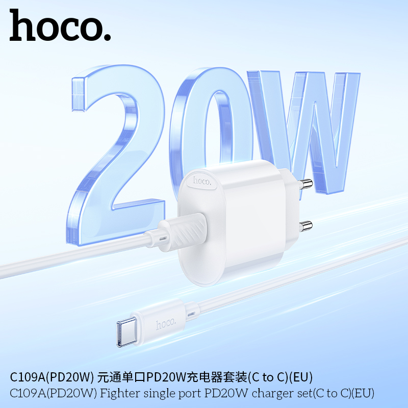 Bộ sạc nhanh PD20W HOCO C109A US 1 CỔNG (CÓC 1 CỔNG TYPE C; CÁP 2 ĐẦU TYPE C; C-C)