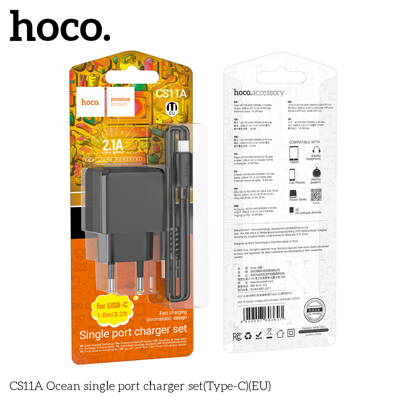 Bộ sạc nhanh HOCO CS11A Ocean chui Type C 2.1A, (A-C) Cáp USB ra Type C, Cóc sạc 1 cổng USB  chính hãng [BH: 1 năm]
