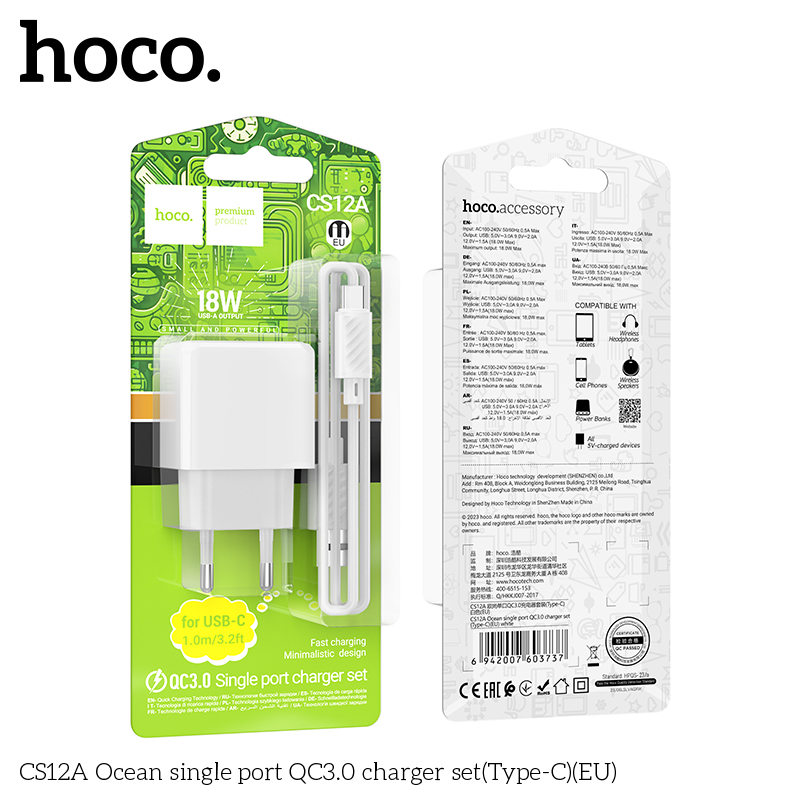 Bộ sạc QC3.0 một cổng Ocean CS12A Type-C 18W chính hãng [BH 1 NĂM]
