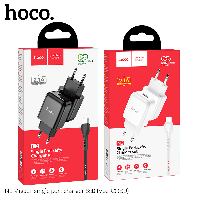 Bộ sạc HOCO N2 chui Type C 2.1A, (A-C) Cáp USB ra Type C, Cóc 1 cổng USB chính hãng [BH 1 năm]