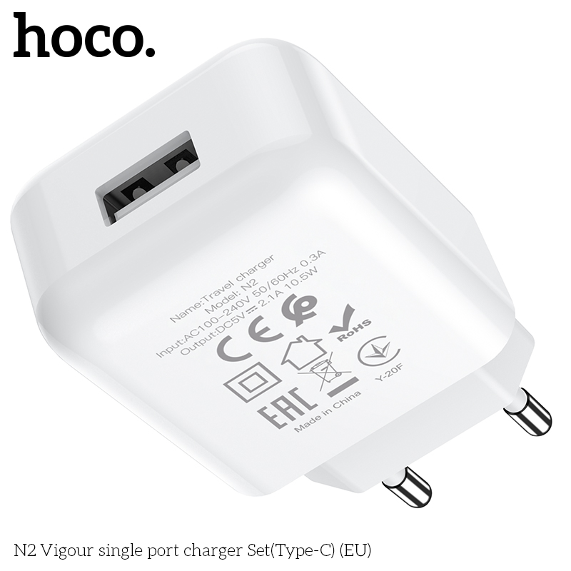 Bộ sạc HOCO N2 chui Type C 2.1A, (A-C) Cáp USB ra Type C, Cóc 1 cổng USB chính hãng [BH 1 năm]