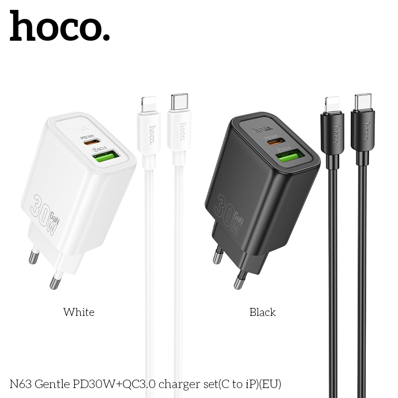 Bộ sạc Hoco N63 EU (c-l) (Cóc 2 cổng: 1 cổng usbA+1 cổng Type C, cáp Type C ra Lightning iPhone; c-l)Gentle PD30W+QC3.0 chính hãng